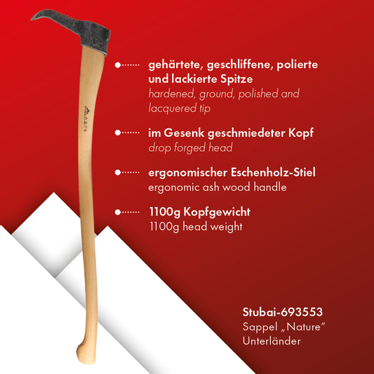 STUBAI Sappie "Nature" mit Zahnung | Unterländer Form | Eschenholz-Stiel geölt | Kopfgewicht 1100 g | geschmiedeter Kopf, gehärtete Spitze | Forstwerkzeug zum Ziehen, Aufheben & Bewegen von Holz