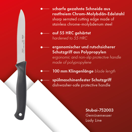 STUBAI hochwertiges Gemüsemesser mit Welle | 100 mm | Küchenmesser Lady Line aus Edelstahl für müheloses Schneiden von Gemüse, Obst & Lebensmitteln, rostfrei, spülmaschinenfest