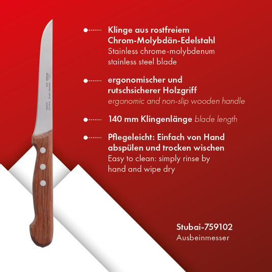 STUBAI Ausbeinmesser 140 mm aus rostfreiem Edelstahl mit Holzgriff, Profi Küchenmesser zum Ausbeinen von Fleisch, Geflügel und Wild, scharfe Klinge für präzise Schneidarbeiten und Küche!