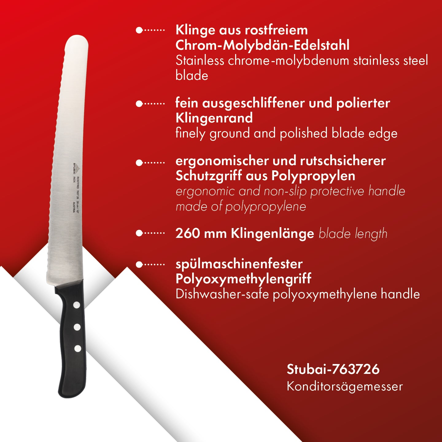 STUBAI hochwertiges Konditorsägemesser 260 mm | Konditormesser mit Wellenschliff aus Edelstahl für müheloses Schneiden von Torten, Kuchen, Brot & Backwaren, spülmaschinenfest, Konditorei