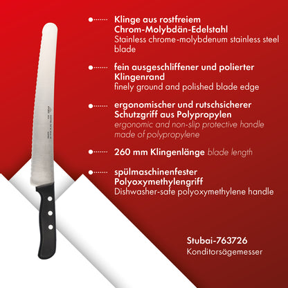 STUBAI hochwertiges Konditorsägemesser 260 mm | Konditormesser mit Wellenschliff aus Edelstahl für müheloses Schneiden von Torten, Kuchen, Brot & Backwaren, spülmaschinenfest, Konditorei