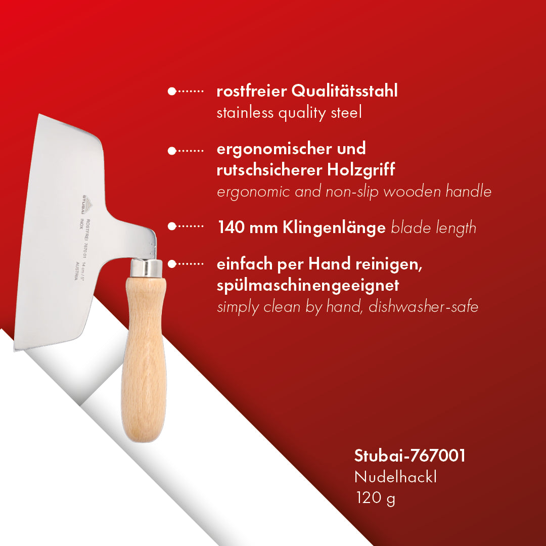 STUBAI Nudelhackl 120 g – Nudelmesser aus rostfreiem Edelstahl mit Holzgriff, traditioneller Nudelschneider für Teigwaren, Nudelhacker für hausgemachte Pasta, Spätzle und Knöpfle