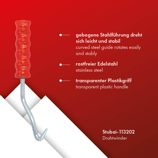 Stubai Drahtwinder 235 mm Art. 113202 verchromt mit transparent-rotem Kunststoffheft, Bauwerkzeug zum schnellen Spannen, Verdrillen und Fixieren von Bindedraht bei Bewehrung, Zaunbau und Befestigung