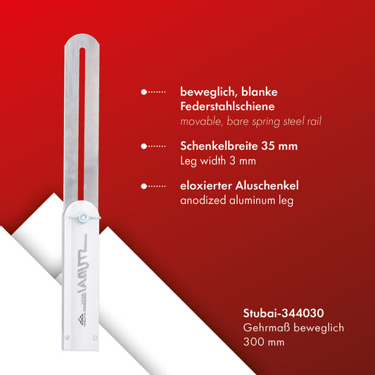 STUBAI Gehrmaß 300 mm beweglich | hochwertige Federstahlschiene mit eloxiertem Aluschenkel | Profi Winkelmesser für präzise Messungen und Markierungen