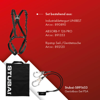 STUBAI Gerüstbau-Set PSA | Komplettgurt, Verbindungsmittel ABSORB-Y 126 Pro und Tragetasche für hohe Sicherheit und Komfort für Profikletterer | Klettersicherheitsausrüstung