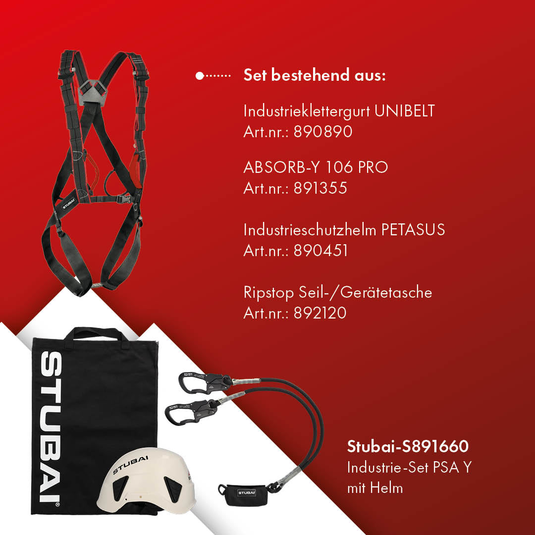 STUBAI Industrie-Set PSA Y mit Helm | Komplettgurt, Verbindungsmittel ABSORB-Y 126 Pro, Industrieschutzhelm PETASUS und Tragetasche für hohe Sicherheit und Komfort für Profikletterer
