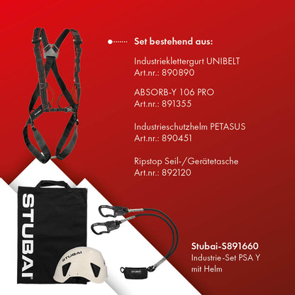STUBAI Industrie-Set PSA Y mit Helm | Komplettgurt, Verbindungsmittel ABSORB-Y 126 Pro, Industrieschutzhelm PETASUS und Tragetasche für hohe Sicherheit und Komfort für Profikletterer