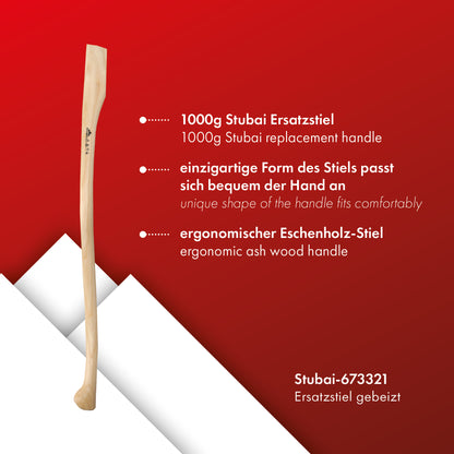 STUBAI Ersatzstiel 1050 mm für Stubai Sappie 6733 & 6734 | Eschenholz geschweift | passend für 1000 g & 1100 g Sappies | Tiroler & Unterländer Form @ Gewicht 900 gramm