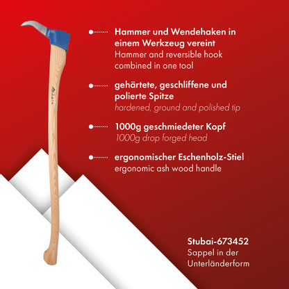 STUBAI Sappie Unterländer-Form | 1000 g Kopfgewicht | Sappel mit Eschenholz-Stiel | gesenkgeschmiedet, Spitze gehärtet, geschliffen, poliert | zum Ziehen und Bewegen von Holzstücken