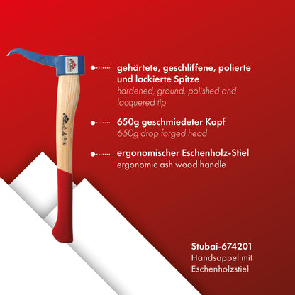 STUBAI HANDSAPPEL mit Eschenholzstiel 450 mm – 650 g Kopfgewicht, gesenkgeschmiedet – zum Aufnehmen, Ziehen und Transportieren von Holzstücken und Baumstämmen – robustes Forstwerkzeug
