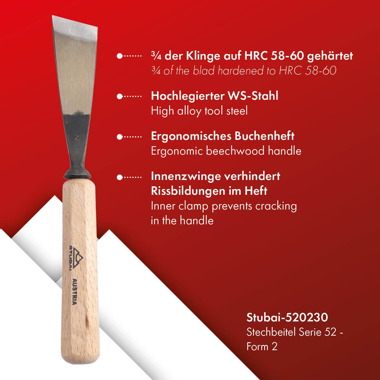 STUBAI Stemmeisen Stechbeitel Serie 52 - Form 2 | Gerades Balleisen, schräg - 30 mm, mit Holzgriff, für glatte Flächen, zum Vorstechen, Kerb- und Reliefschnitzarbeiten, zur Bearbeitung von Holz