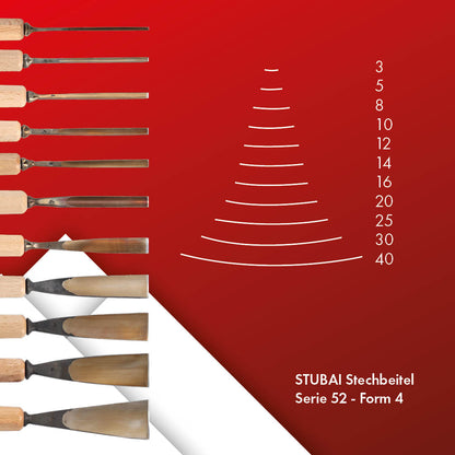 STUBAI Stemmeisen Stechbeitel Serie 52 - Form 4 | Gerades Flacheisen - 12 mm, mit Holzgriff, zum Vorstechen, für Anschlagarbeiten, Schrupparbeiten, Rosetten, zur Bearbeitung von Holz