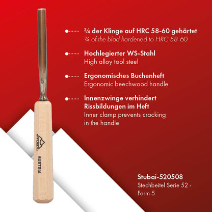 STUBAI Stemmeisen Stechbeitel Serie 52 - Form 5 | Gerades Hohleisen - 8 mm, mit Holzgriff, zum Vorstechen, für Anschlagarbeiten, Schrupparbeiten, Rosetten, zur Bearbeitung von Holz
