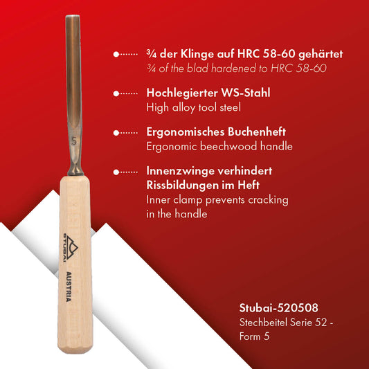 STUBAI Stemmeisen Stechbeitel Serie 52 - Form 5 | Gerades Hohleisen - 8 mm, mit Holzgriff, zum Vorstechen, für Anschlagarbeiten, Schrupparbeiten, Rosetten, zur Bearbeitung von Holz