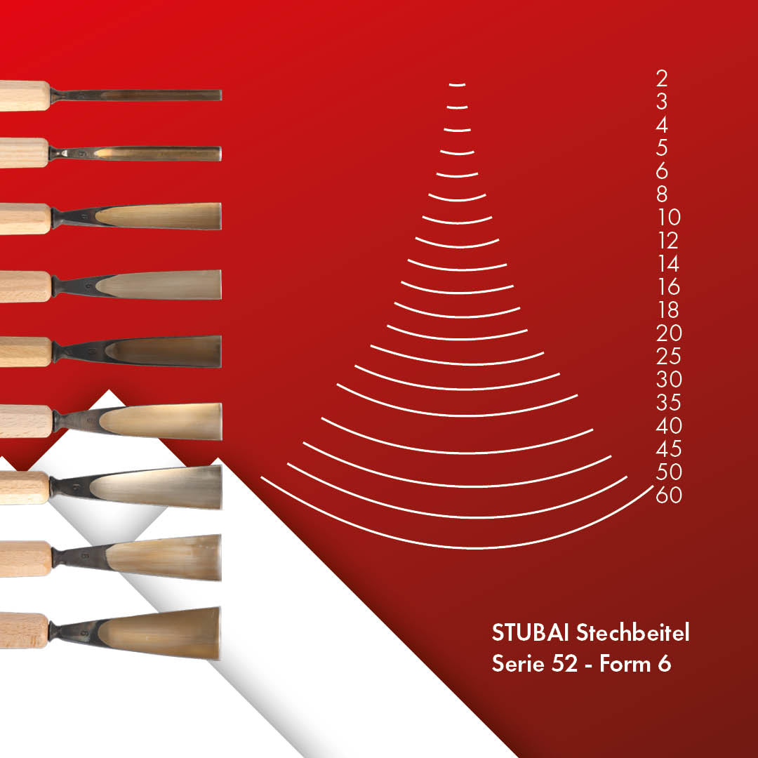 STUBAI Stemmeisen Stechbeitel Serie 52 - Form 6 | Gerades Hohleisen - 12 mm, mit Holzgriff, für Figurenarbeiten, zur präzisen Bearbeitung von Holz, hochwertiges Werkzeug für Schreiner Tischler