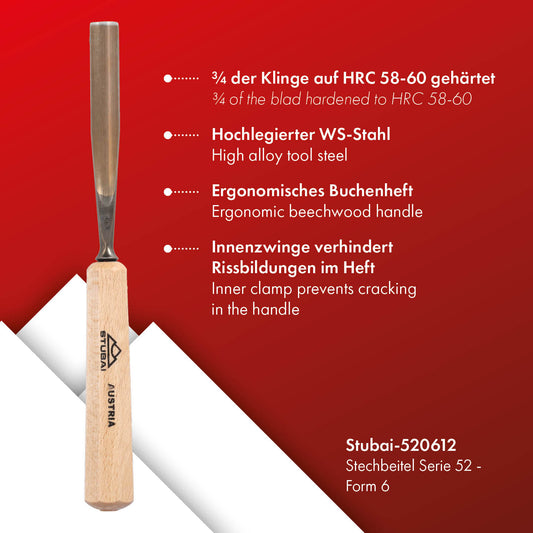 STUBAI Stemmeisen Stechbeitel Serie 52 - Form 6 | Gerades Hohleisen - 12 mm, mit Holzgriff, für Figurenarbeiten, zur präzisen Bearbeitung von Holz, hochwertiges Werkzeug für Schreiner Tischler