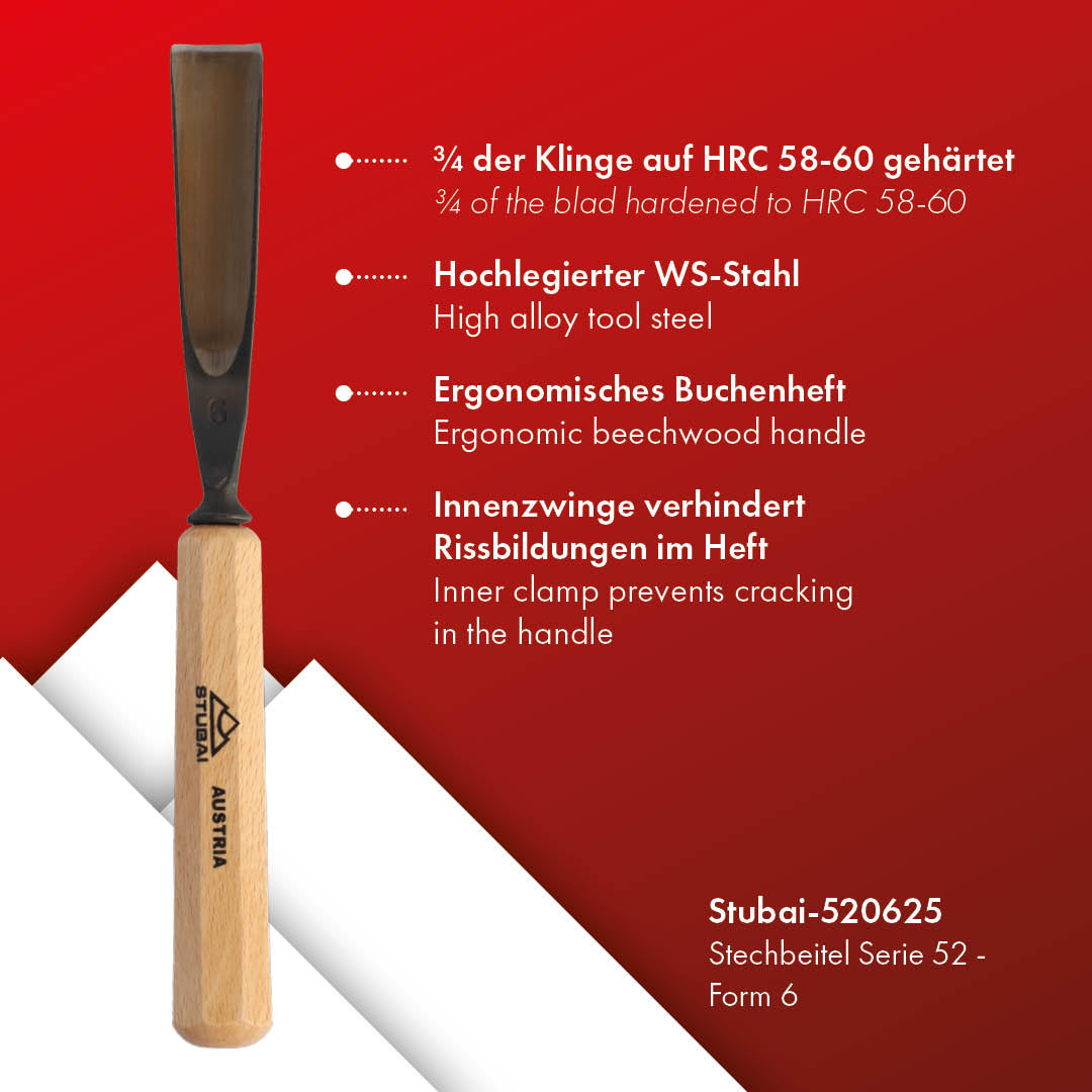 STUBAI Stemmeisen Stechbeitel Serie 52 - Form 6 | Gerades Hohleisen - 25 mm, mit Holzgriff, für Figurenarbeiten, zur präzisen Bearbeitung von Holz, hochwertiges Werkzeug für Schreiner Tischler