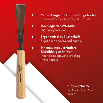 STUBAI Stemmeisen Stechbeitel Serie 52 - Form 6 | Gerades Hohleisen - 25 mm, mit Holzgriff, für Figurenarbeiten, zur präzisen Bearbeitung von Holz, hochwertiges Werkzeug für Schreiner Tischler