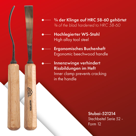 STUBAI Stemmeisen Stechbeitel Serie 52 - Form 12 | Gebogenes Flacheisen 14 mm, mit Holzgriff, zum Vorstechen, für Anschlagarbeiten, Schrupparbeiten, Rosetten, zur Bearbeitung von Holz