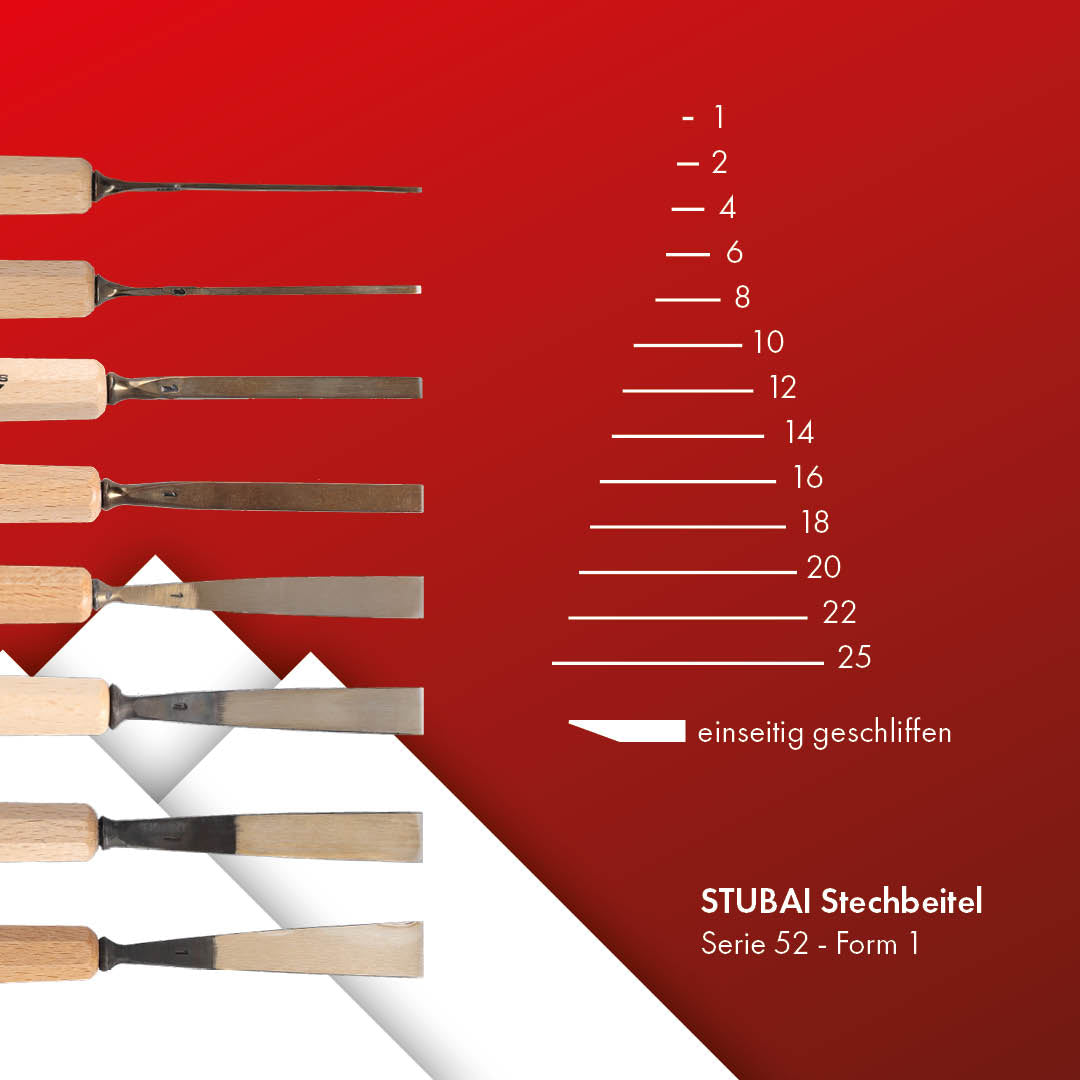 STUBAI Stemmeisen Stechbeitel Serie 52 - Form 71 | einseitig geschliffen 8 mm, mit Holzgriff, für glatte Flächen, zum Vorstechen, Kerb- und Reliefschnitzarbeiten, zur präzisen Bearbeitung von Holz