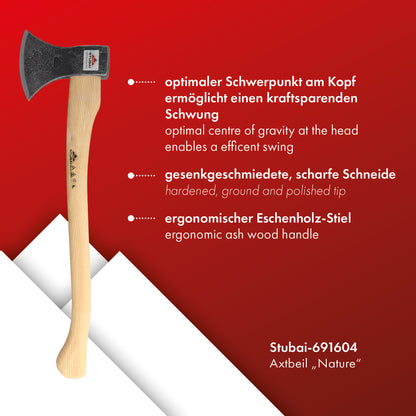 STUBAI Astbeil „Nature“ mit Stiel 650 mm | 1200 g Kopfgewicht | geschmiedeter Axtkopf aus gehärtetem Stahl | Eschenholzstiel ergonomisch | Forstaxt/Beil für Holzspalten, Outdoor & Garten