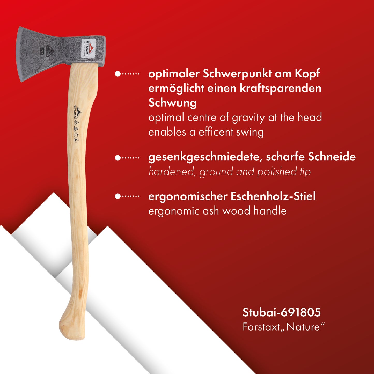 STUBAI Forstaxt „Nature“ Rhein-Form | 1200 g Kopfgewicht | Eschenholzstiel 650 mm | Axt zum Hacken & Holzspalten, Bushcraft & Camping | Made in Austria