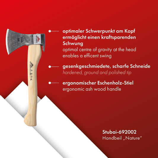 STUBAI Handbeil Nature 800 g | Eschenstiel 380 mm | kleines Forstbeil zum Hacken & Spalten | mit Nagelzieher | geschmiedeter Axtkopf, polierte Schneide | Bushcraft, Camping, Waldarbeit | Made in Austria