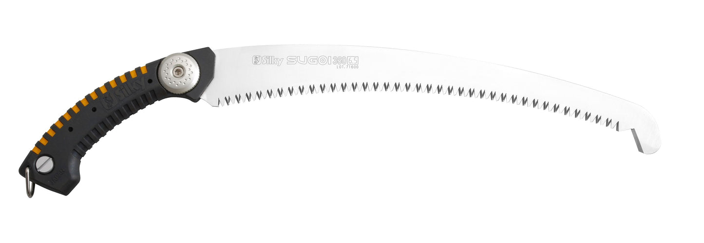 SILKY Baumsäge Sugoi 360 mm | gebogene Zugsäge 6,5 Zähne/30 mm Mirai-Me grob | nachschärfbar | Sichel am Blattende | ergonomischer Gummigriff mit Sicherungshaken | Profi Baumpflege