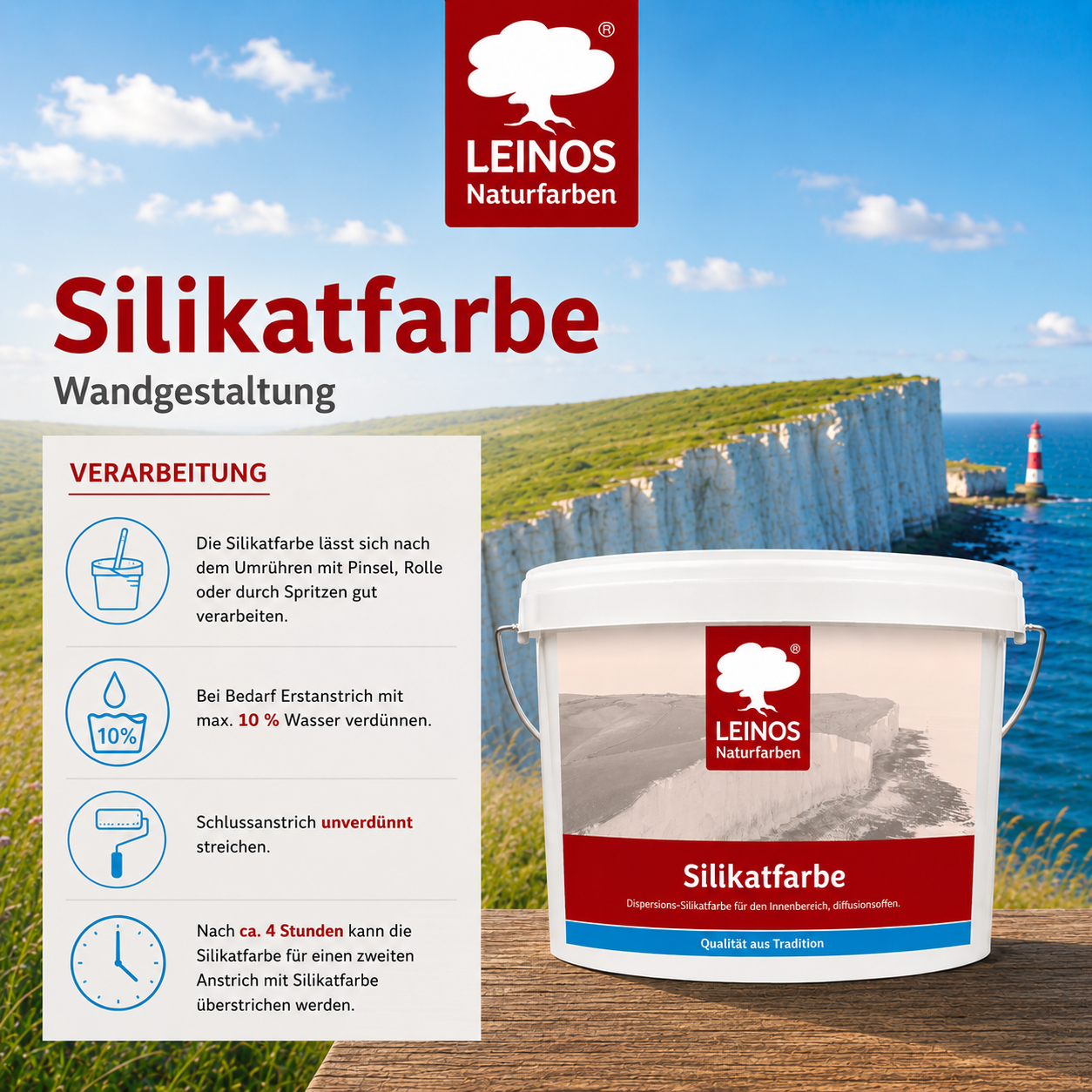 LEINOS Silikatfarbe 2,5 L Weiß – Waschfeste Wandfarbe für Feuchträume
