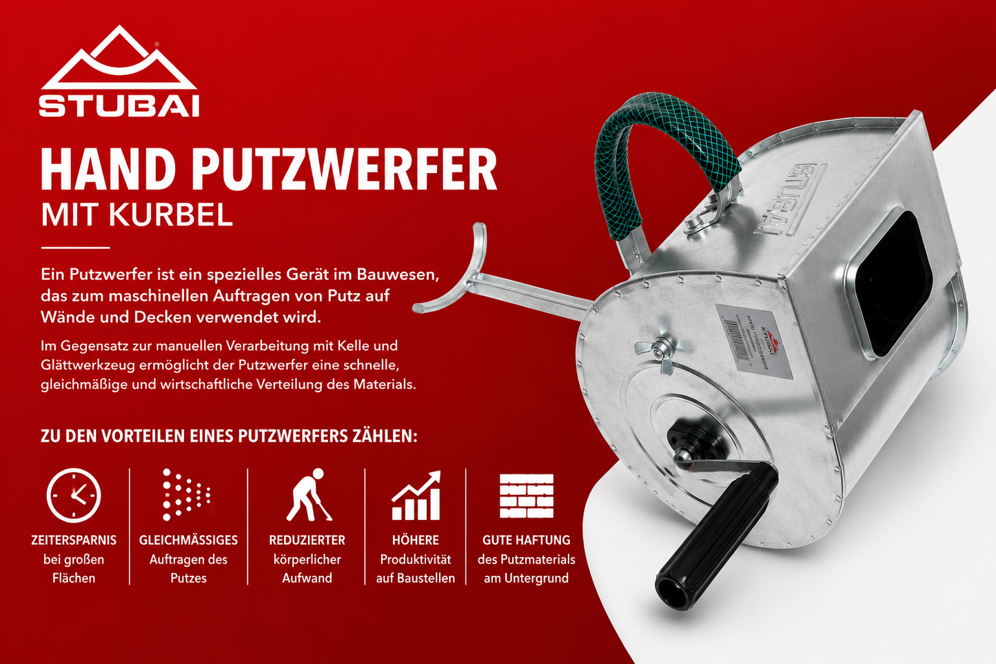 STUBAI Putzwerfer 440350 mit Halter und Armstütze, Handputzwerfer für schnelles Verputzen von Wänden und Decken, robuste Ausführung für Bauprofis, effizientes Auftragen von Putzmaterialien