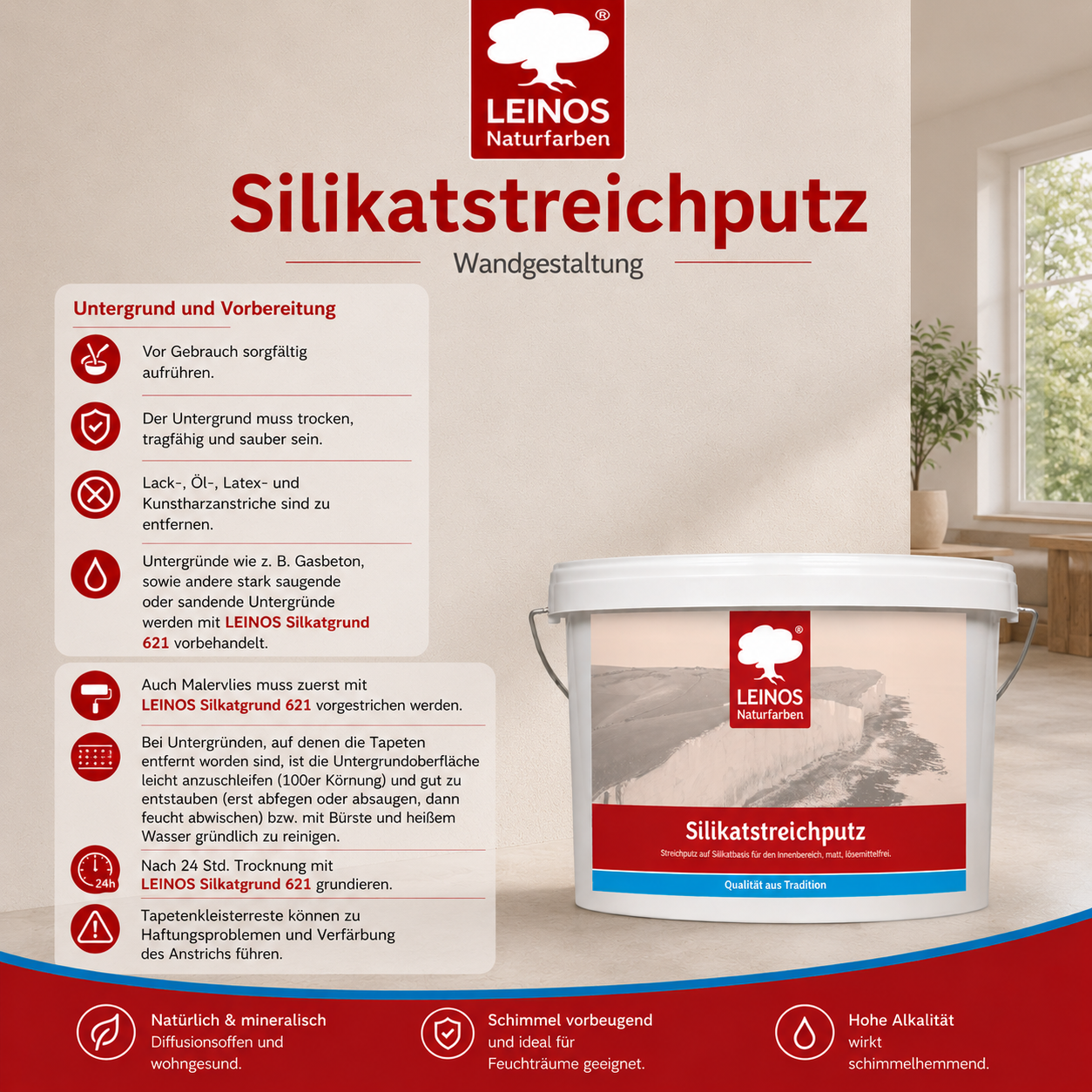 LEINOS Silikatstreichputz 10L – Strukturfarbe für Bad & Wohnräume