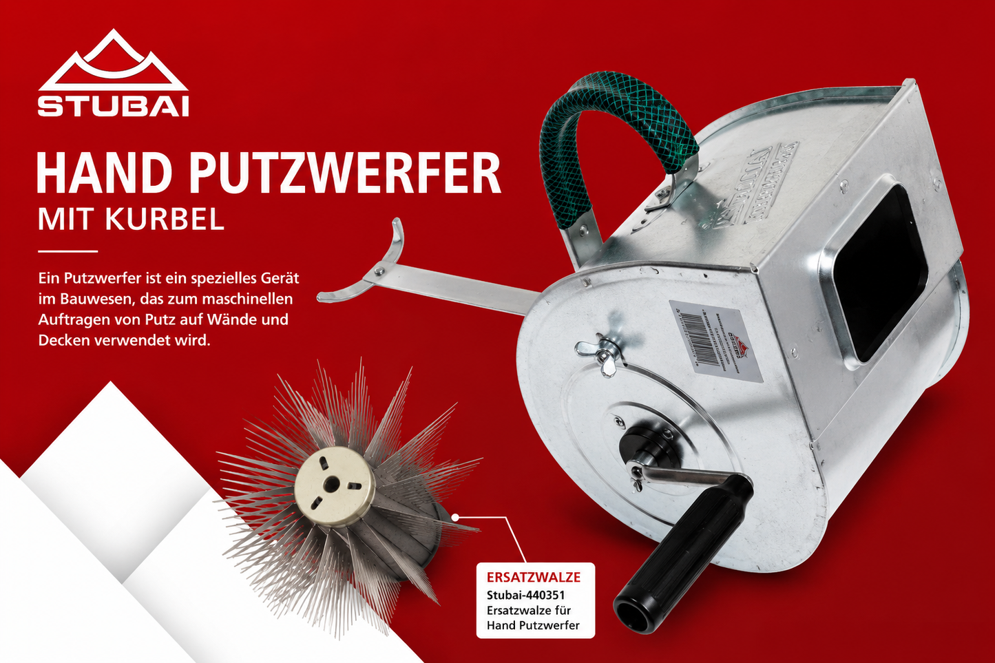 STUBAI Putzwerfer 440350 mit Halter und Armstütze, Handputzwerfer für schnelles Verputzen von Wänden und Decken, robuste Ausführung für Bauprofis, effizientes Auftragen von Putzmaterialien