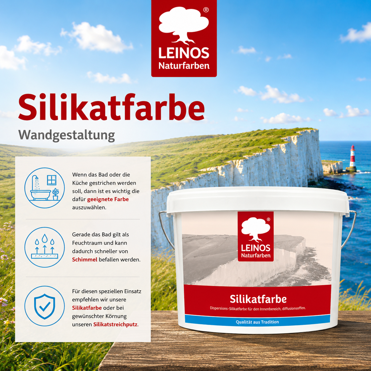 LEINOS Silikatfarbe 2,5 L Weiß – Waschfeste Wandfarbe für Feuchträume