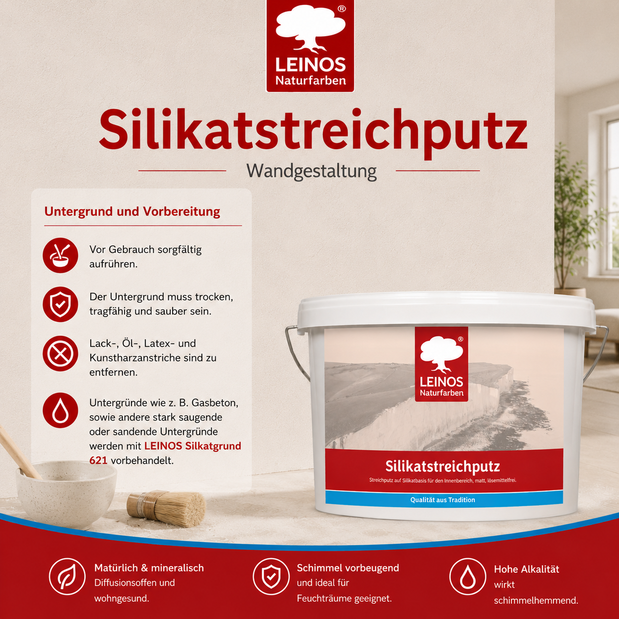 LEINOS Silikatstreichputz 10L – Strukturfarbe für Bad & Wohnräume