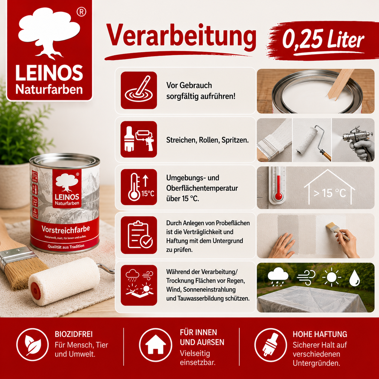 LEINOS Vorstreichfarbe 810 | 0,25  Liter | hochwertige Haftgrundierung für Holz, Metall, Glasfasertapeten | schnelltrocknend, biozidfrei & umweltfreundlich | weiß matt, offenporig, für Innen- und Außenanwendungen
