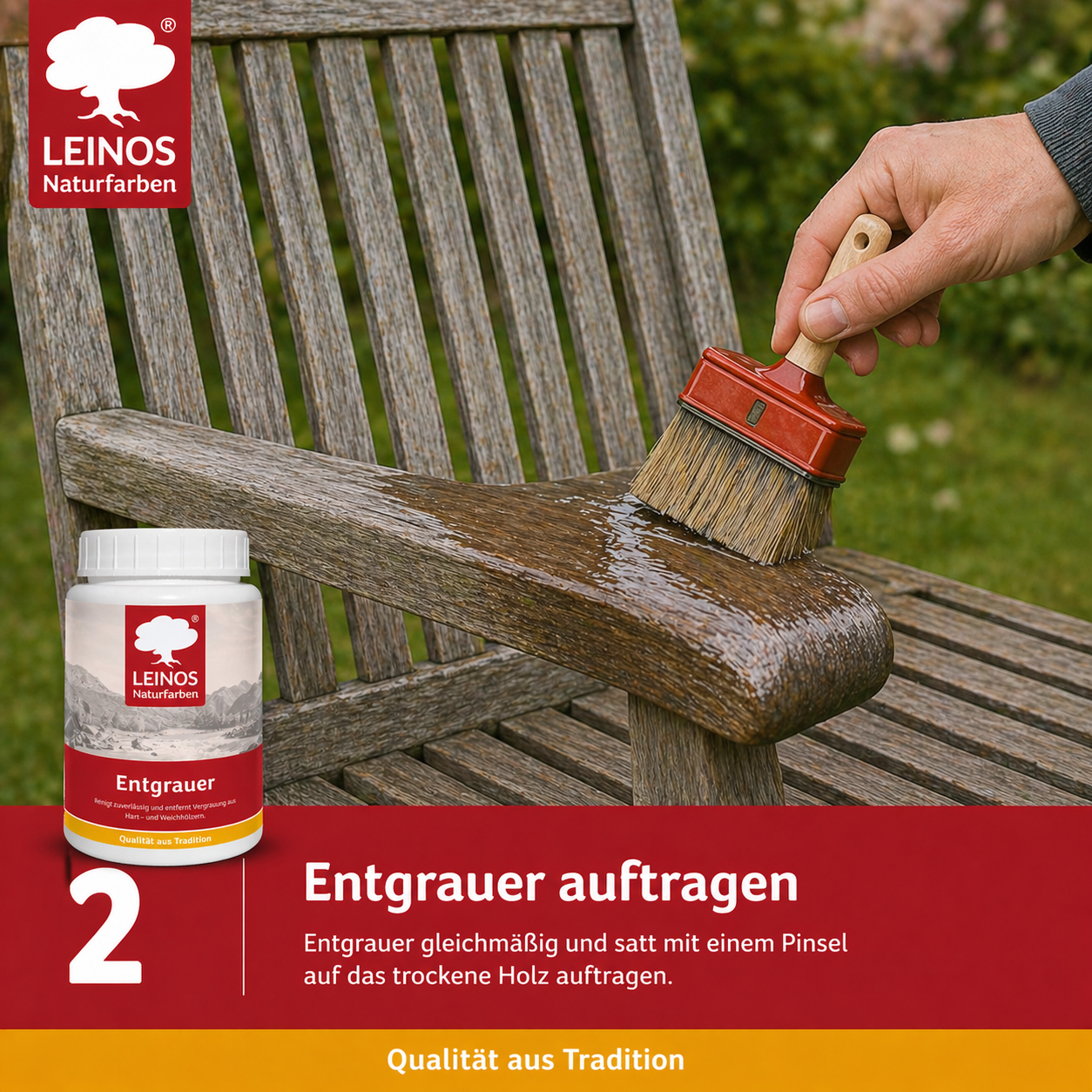 Leinos Entgrauer 0,5 Liter  für Holz-Gartenmöbel & Terrassenholz – Auftragen, einwirken lassen, abbürsten – effektive Reinigung & Auffrischung von Hart- und Weichholz