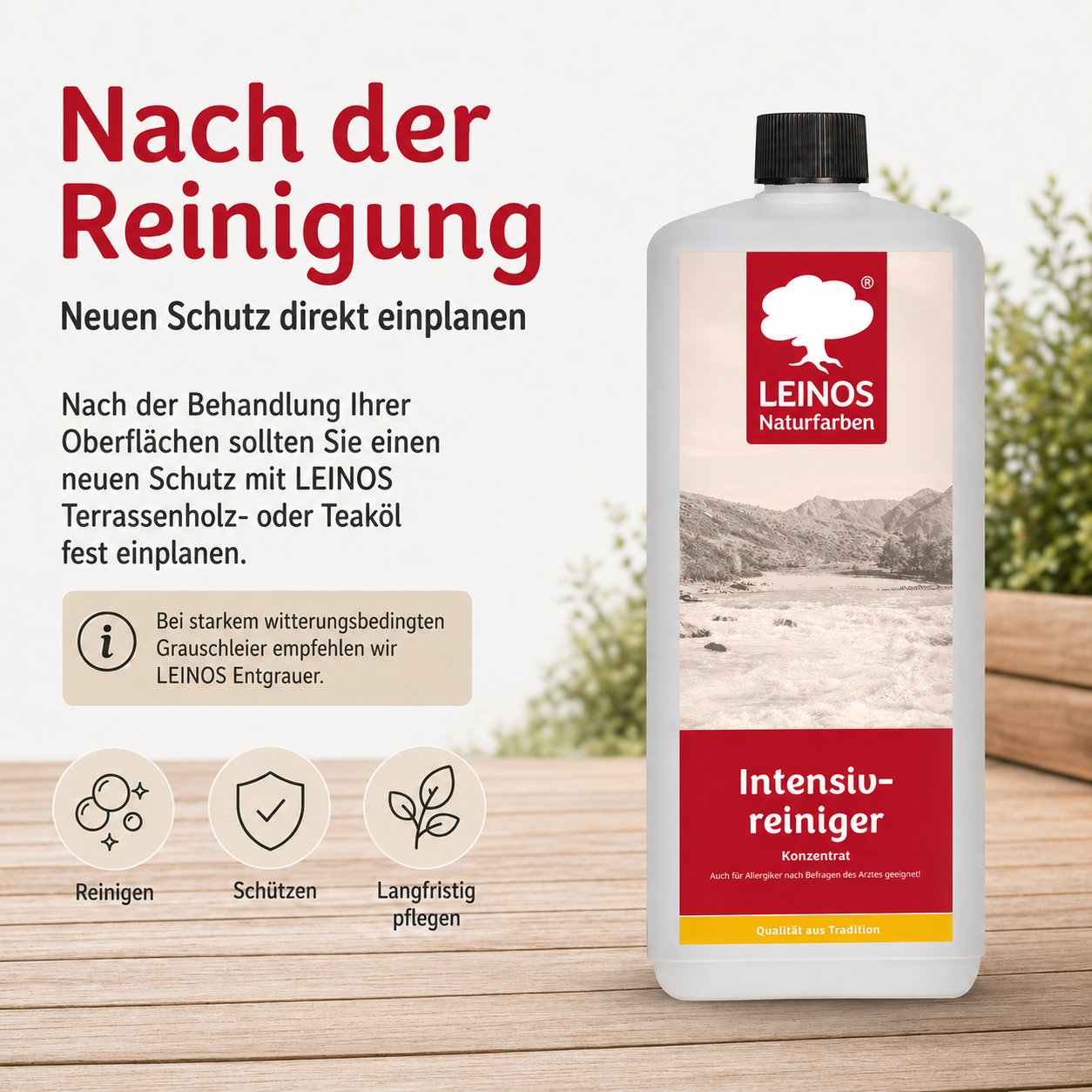 LEINOS Intensivreiniger 0,5 Liter – kraftvoller Holzreiniger für innen & außen – entfernt Schmutz, Algen & Pilze – für Terrassen, Zäune, Stein & Holz – hochkonzentriert & ergiebig