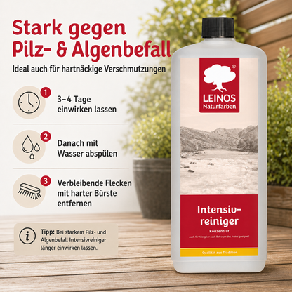 LEINOS Intensivreiniger 0,5 Liter – kraftvoller Holzreiniger für innen & außen – entfernt Schmutz, Algen & Pilze – für Terrassen, Zäune, Stein & Holz – hochkonzentriert & ergiebig