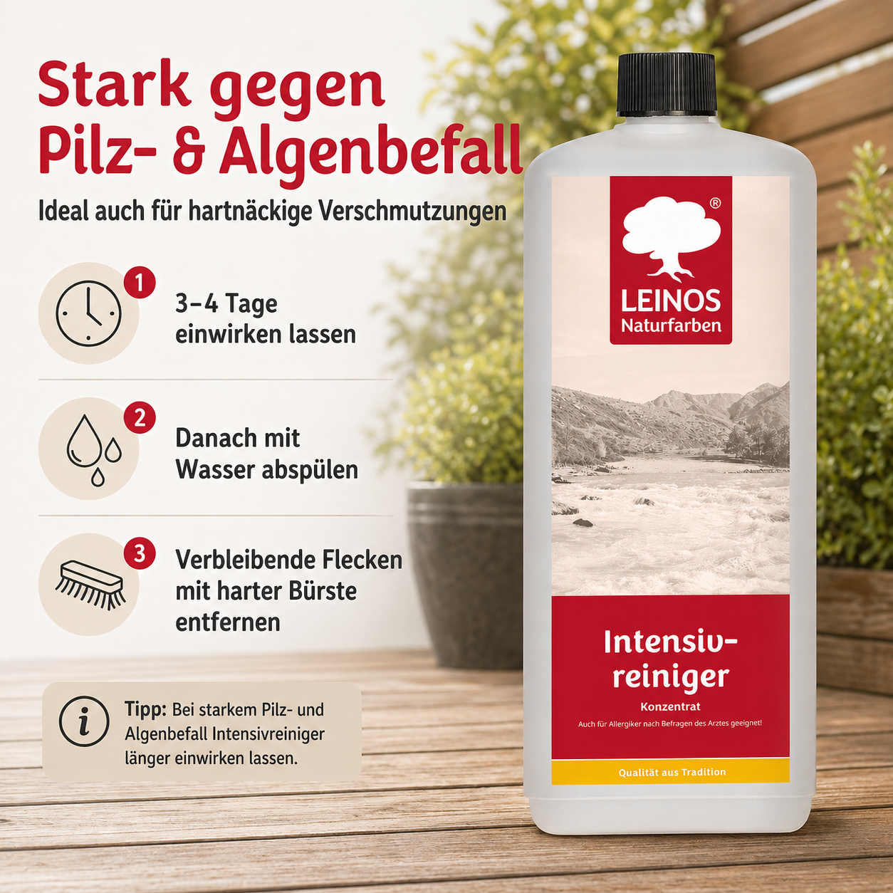 LEINOS Intensivreiniger 1Liter – kraftvoller Holzreiniger für innen & außen – entfernt Schmutz, Algen & Pilze – für Terrassen, Zäune, Stein & Holz – hochkonzentriert & ergiebig