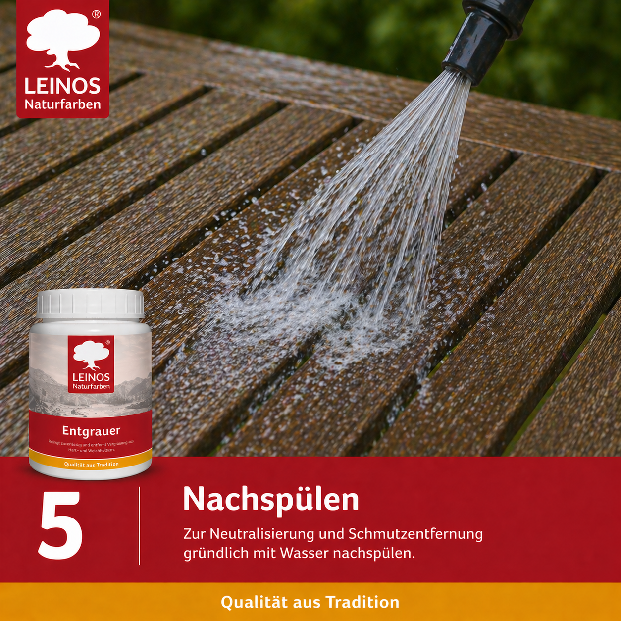 Leinos Entgrauer 2,5 Liter  für Holz-Gartenmöbel & Terrassenholz – Auftragen, einwirken lassen, abbürsten – effektive Reinigung & Auffrischung von Hart- und Weichholz
