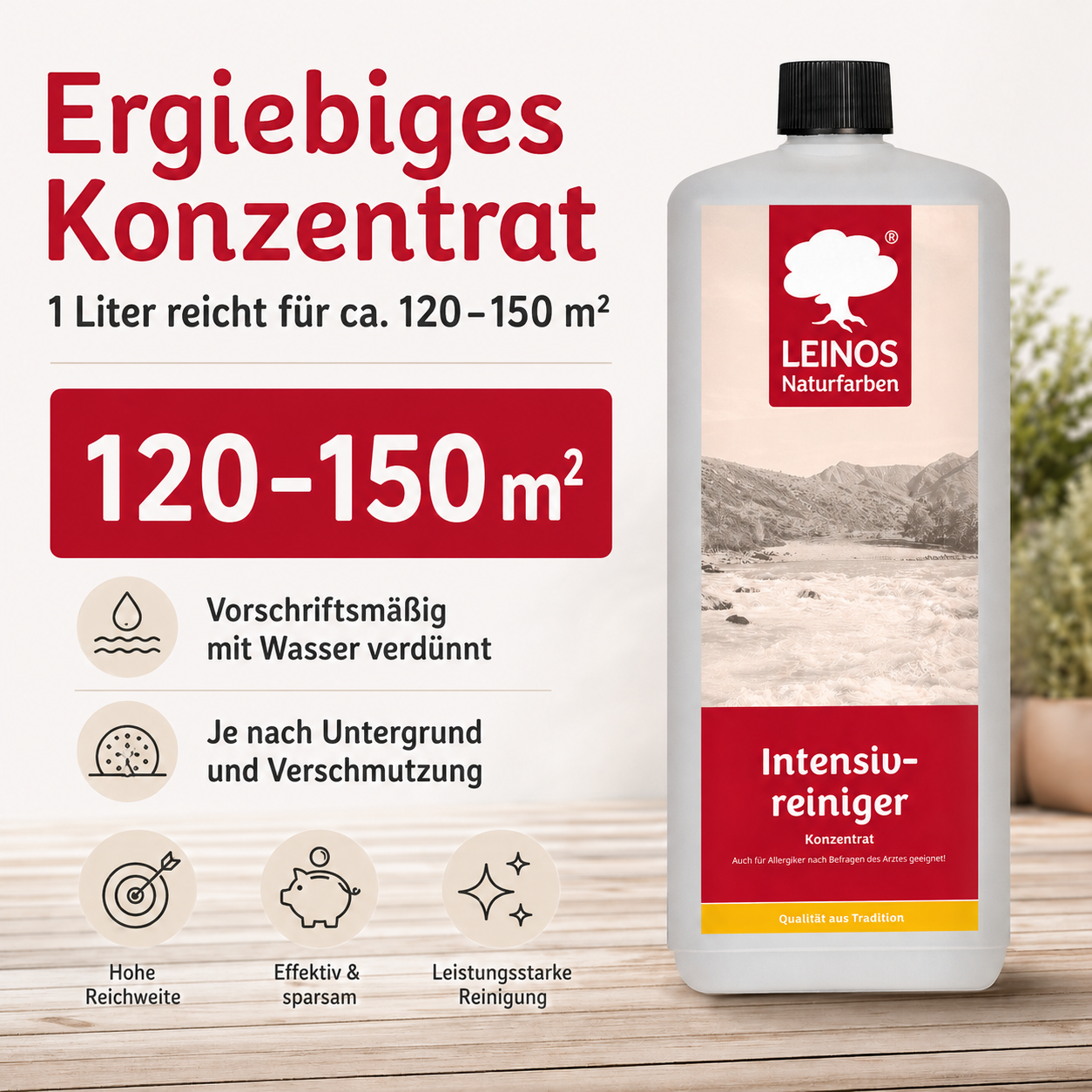 LEINOS Intensivreiniger 1Liter – kraftvoller Holzreiniger für innen & außen – entfernt Schmutz, Algen & Pilze – für Terrassen, Zäune, Stein & Holz – hochkonzentriert & ergiebig
