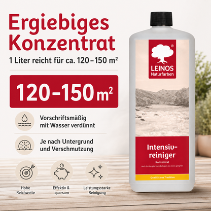 LEINOS Intensivreiniger 1Liter – kraftvoller Holzreiniger für innen & außen – entfernt Schmutz, Algen & Pilze – für Terrassen, Zäune, Stein & Holz – hochkonzentriert & ergiebig