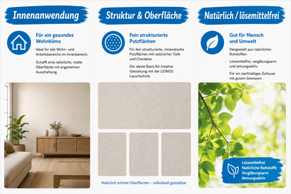 LEINOS Streich- und Rollputz fein 685, weiß – Feinkörniger Putz für Innen, atmungsaktiv, lösemittelfrei, schadstofffrei, gebrauchsfertig, strukturierbar, auf Putz, Gips, Lehm, Altanstrich – 2,5 L