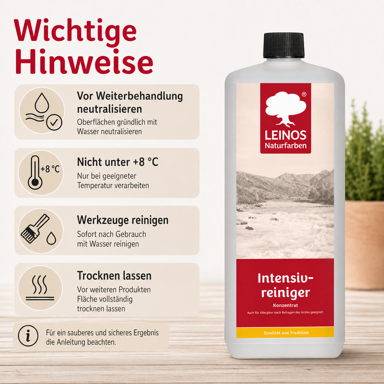 LEINOS Intensivreiniger 1Liter – kraftvoller Holzreiniger für innen & außen – entfernt Schmutz, Algen & Pilze – für Terrassen, Zäune, Stein & Holz – hochkonzentriert & ergiebig
