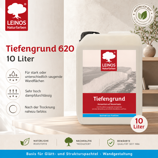 LEINOS Tiefengrund 620 10 Liter  – natürliche Grundierung für stark saugende Untergründe | Transparent, hoch dampfdurchlässig | Vorbereitung für Wandfarbe & Putz | 1L reicht für bis zu 25 m²