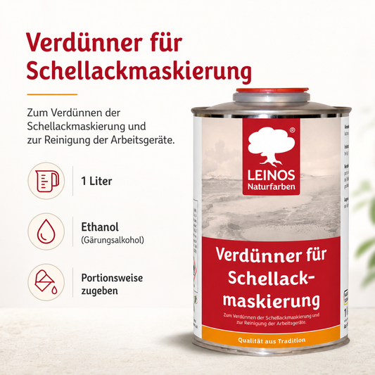 LEINOS 956 Verdünner für Schellackmaskierung 1,0 l – Ethanol zur Verdünnung von Schellack-Maskierung, zur Reinigung von Werkzeugen und Geräten, für professionelle Anwendungen im Innenbereich genutzt.
