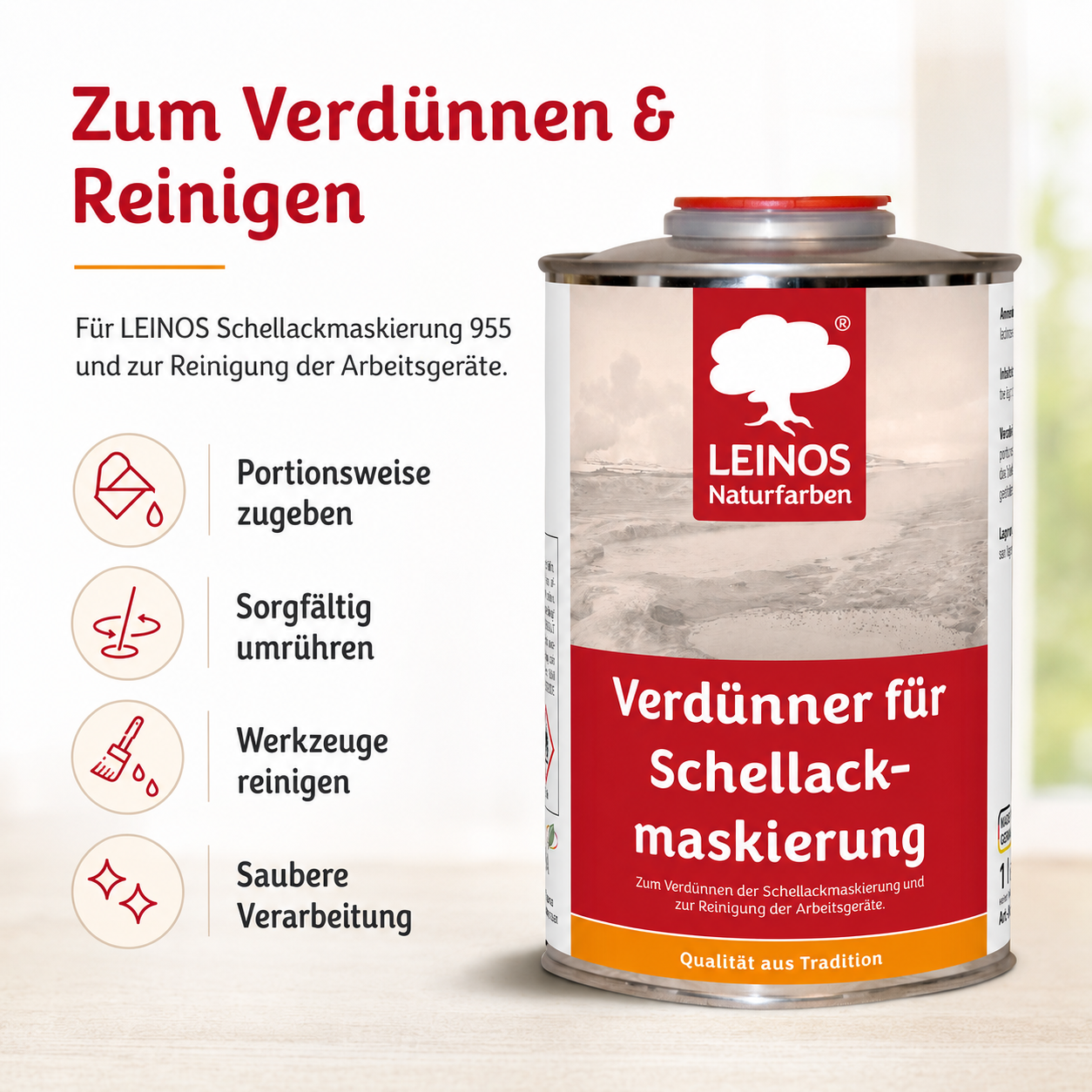 LEINOS 956 Verdünner für Schellackmaskierung 1,0 l – Ethanol zur Verdünnung von Schellack-Maskierung, zur Reinigung von Werkzeugen und Geräten, für professionelle Anwendungen im Innenbereich genutzt.