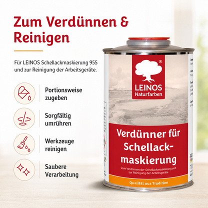 LEINOS 956 Verdünner für Schellackmaskierung 1,0 l – Ethanol zur Verdünnung von Schellack-Maskierung, zur Reinigung von Werkzeugen und Geräten, für professionelle Anwendungen im Innenbereich genutzt.