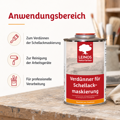 LEINOS 956 Verdünner für Schellackmaskierung 1,0 l – Ethanol zur Verdünnung von Schellack-Maskierung, zur Reinigung von Werkzeugen und Geräten, für professionelle Anwendungen im Innenbereich genutzt.