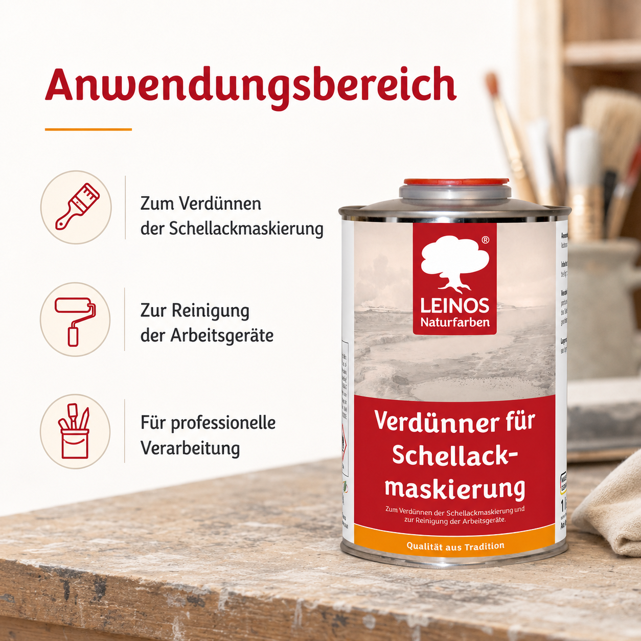 LEINOS 956 Verdünner für Schellackmaskierung 1,0 l – Ethanol zur Verdünnung von Schellack-Maskierung, zur Reinigung von Werkzeugen und Geräten, für professionelle Anwendungen im Innenbereich genutzt.